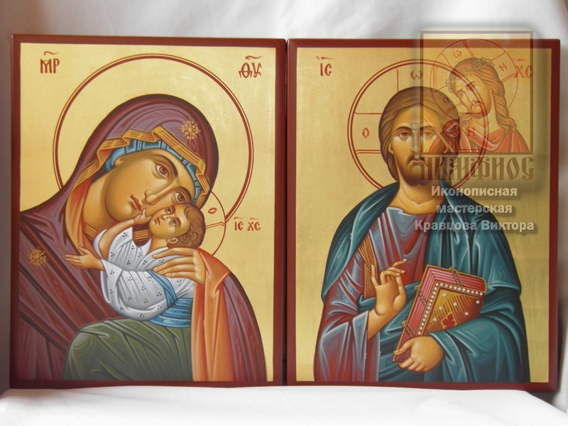Венчальная пара. Рукописные иконы Божией Матери «Гликофилусса» и Иисуса Христа. Иконы исполнены в византийском (греческом) стиле.