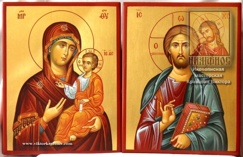 Венчальная пара. Рукописные иконы Божией Матери Иверская  и Иисуса Христа. Иконы исполнены в византийском (греческом) стиле.